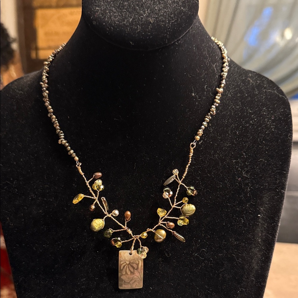 Artisan created semi precious Stone and genuine, pearl wrap, and branch necklace